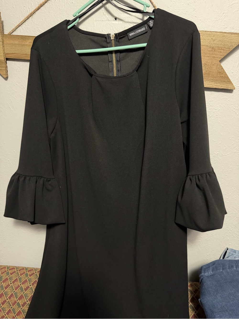 Nina Leonard Black Long-Sleeve Shift Dress with Ruffle Cuffs
